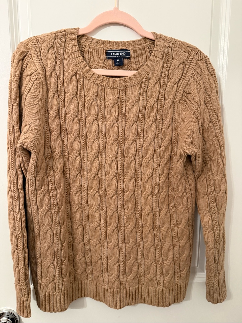 Lands’ End Women’s Drifter 100% Cotton Cable Knit Sweater Camel Tan Medium